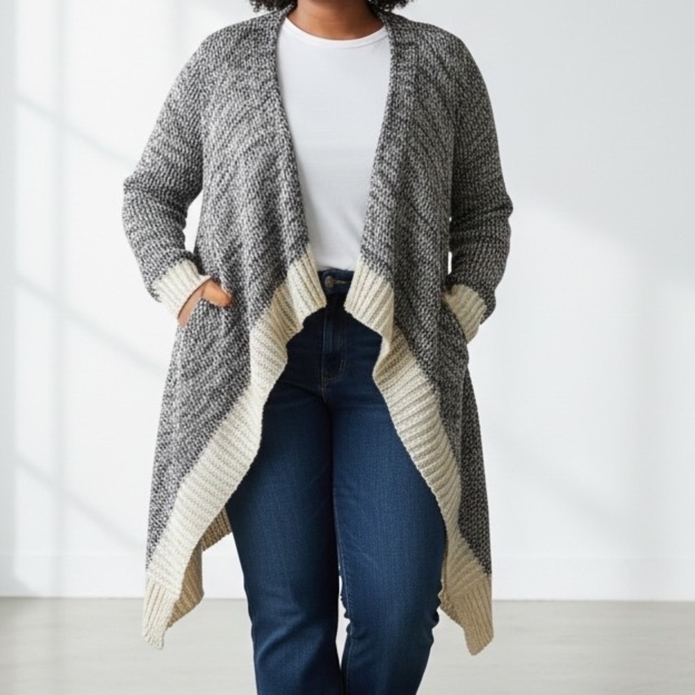 Skies Are Blue Womens XL Marled Knit Open Front Waterfall Cardigan Sharkbite Hem